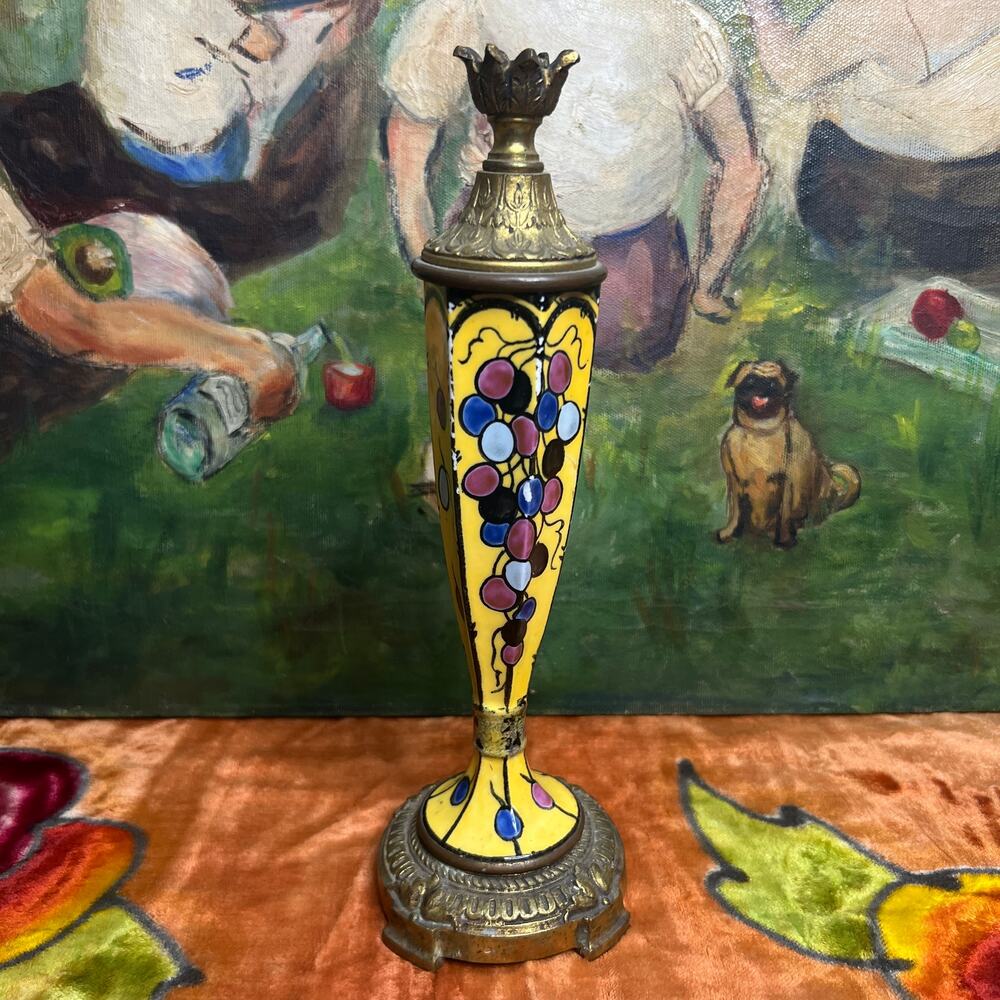 Antique Art Nouveau Hand Painted Porcelain Ornate French Bronze Candlestick